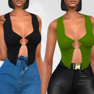 Deux tenues du jeu Sims 4 : haut noir avec jean, haut vert avec ceinture et pantalon noir