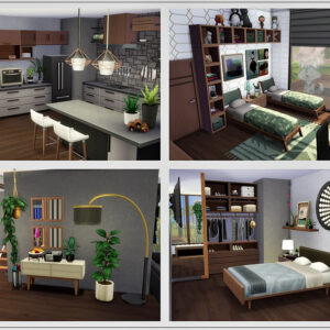 Intérieurs aménagés du jeu *Les Sims 4* avec décoration moderne.