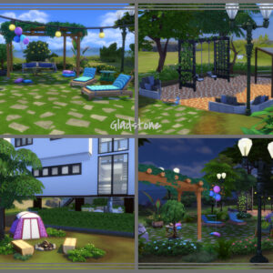 Jardins thématiques du jeu Sims 4 avec mobilier et éclairage décoratif
