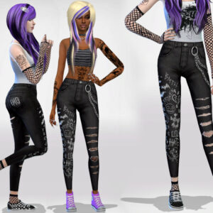 Trois avatars Sims 4 style gothique et coloré avec tatouages et accessoires