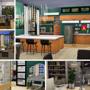 Intérieur de maison dans *Les Sims 4* avec salon, cuisine et bureau stylisés