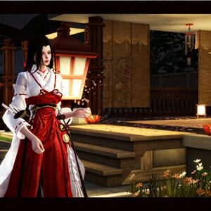Personnage féminin dans *Les Sims 4* inspiré d'un style japonais traditionnel, tenant une lanterne.