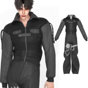 Combinaison de travail sans col pour Sims 4, noir avec détails métalliques