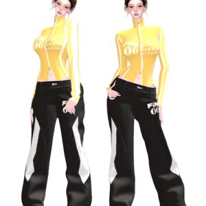 Tenue sportive slim-fit style américain pour *Les Sims 4*, haut jaune et pantalon noir.