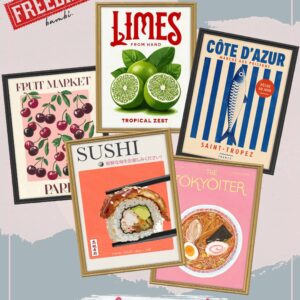 Affiches colorées 'colorpop art' pour le jeu Sims 4 : fruits, sushis, poissons et ramen.