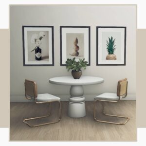 Salon élégant du jeu Sims 4 avec table et chaises modernes