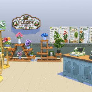 Boutique de plantes virtuelle dans *Les Sims 4* avec décoration et étagères.