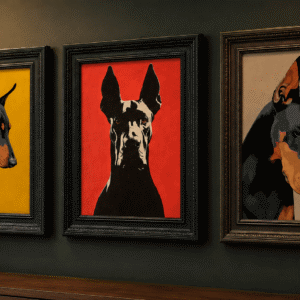 Illustrations de chiens de type Doberman pour *Les Sims 4*, en trois styles colorés.