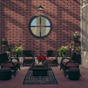 Salon vitré cosy des Sims 4 avec plantes et mobilier extérieur