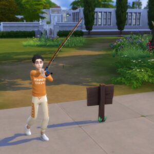 Personnage des Sims 4 pêchant près d'un plan d'eau dans un jardin