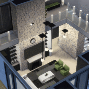 Salon moderne dans *Les Sims 4* avec cheminée et plantes.