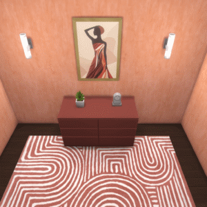 Chambre Sims 4 avec tapis géométrique et meuble mural