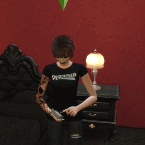 Personnage du jeu Sims 4 utilisant un téléphone dans une chambre rouge