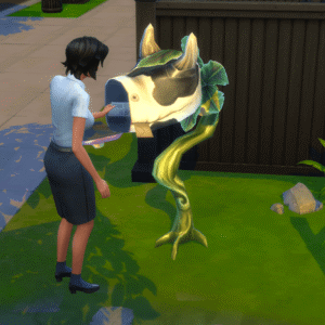 Personnage des Sims 4 interagissant avec plante dorée dans jardin