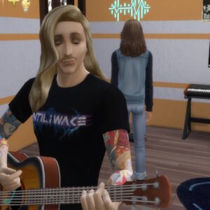 Personnage du jeu Sims 4 jouant de la basse dans un studio.