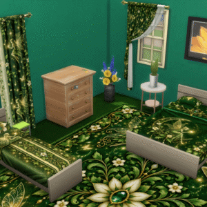 Chambre des Sims 4, thème nature et fleurs, décor vert.