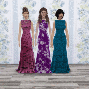 Trois robes élégantes dans le jeu *Les Sims 4*, couleurs violet et bleu.