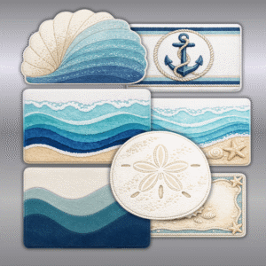 Ensembles de motifs marins pour *Les Sims 4*: coquillages, vagues, ancre et sable.