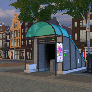 Arrêt de bus virtuel dans un quartier européen, jeu *Les Sims 4*