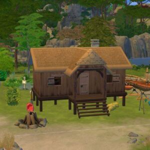 Maison rustique dans *Les Sims 4*, près d’un lac et d’une cascade.