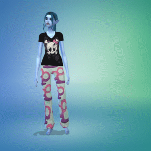 Personnage féminin dans Sims 4 avec t-shirt squelette et pantalon coloré