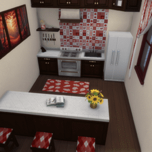 Cuisine style Sims 4 avec meubles et décorations colorés