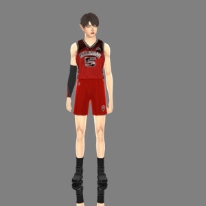 Personnage de basket dans *Les Sims 4*, tenue rouge et noire