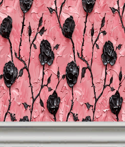 Papier peint rose à motifs roses et noirs, inspiré de *Les Sims 4*