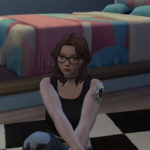 Personnage des Sims 4 assis sur un lit coloré