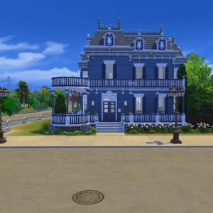 Maison élégante du jeu *Les Sims 4* avec jardin fleuri et architecture classique