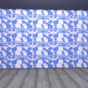 Intérieur de la maison Sakura Lunar dans *Les Sims 4* avec motifs en forme de cœurs bleus.