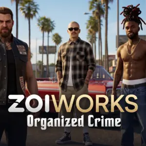 Les Sims 4 : ZoïWorks, crime organisé, trois personnages dans une rue ensoleillée