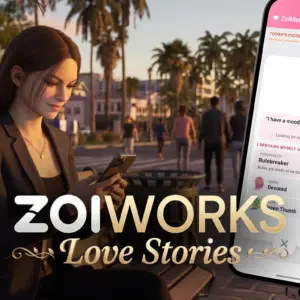 Jeune femme utilisant ZoiWorks sur mobile dans le cadre de l'extension Les Histoires d'Amour des Sims 4