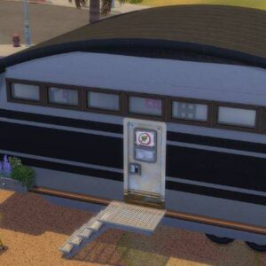Remorque aménagée dans The Sims 4 avec entrée et fenêtres