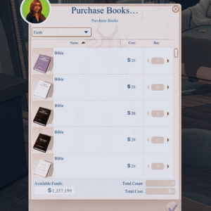 Fenêtre d'achat de livres religieux dans *Les Sims 4* : Bibles disponibles