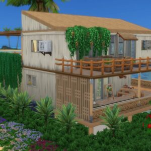 Maison sur pilotis tropicale dans *Les Sims 4* près de l'océan