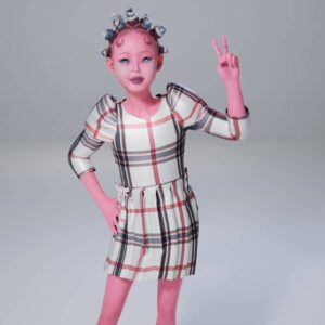Enfant virtuelle dans Sims 4 en robe à carreaux, pose peace