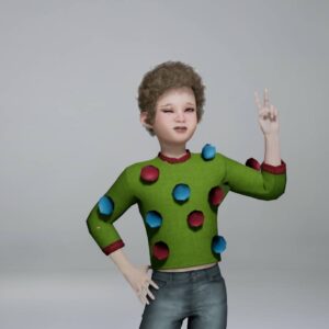 Enfant virtuel dans Sims 4 en pull vert à motifs