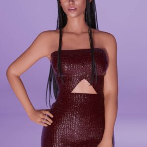 Mannequin du jeu Sims 4 en robe moulante rouge foncé