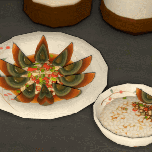 Assiette et bol de riz dans *Les Sims 4*, style japonais.