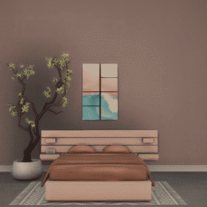 Chambre minimaliste dans *Les Sims 4* avec lit, plante et art mural.
