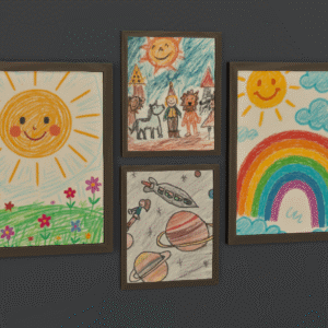 Dessins d'enfants inspirés par *Les Sims 4*: soleil, voyage spatial, arc-en-ciel