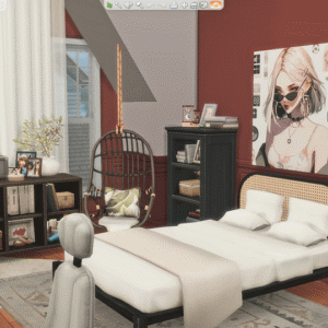 Chambre décorée dans *Les Sims 4*, style moderne et coloré.