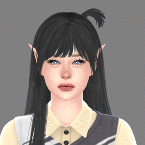 Personnage du jeu Les Sims 4 avec cheveux noirs et oreilles pointues