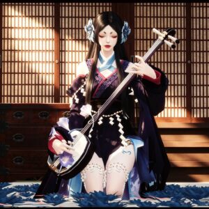 Jeune femme en kimono jouant d'un violon dans *Les Sims 4*, style japonais traditionnel