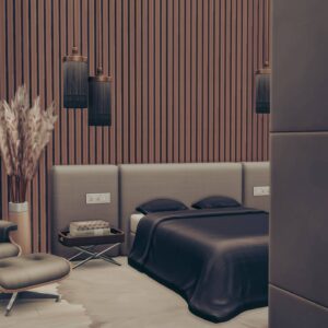 Chambre moderne du jeu *Les Sims 4* avec lit, fauteuils et décor épuré