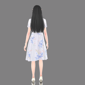 Jeu vidéo The Sims 4 : personnage féminin en robe fleurie vue de dos