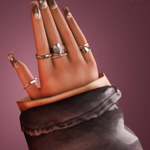 Main du jeu Sims 4 avec ongles Cheetah Nails et bagues dorées