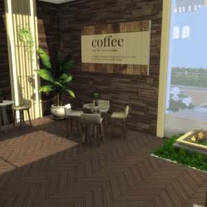 Café cosy dans le jeu Les Sims 4 avec vue extérieure