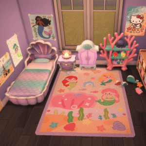 Chambre d'enfant thème mer dans *Les Sims 4* avec décoration colorée